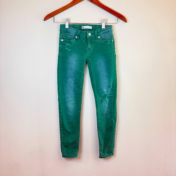 Levi’s Kids Girls 710 Super Skinny Distressed Green Jeans Size 7 - Picture 1 of 9